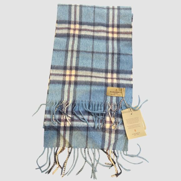 Marchbrae 100 % Soft Cashmere Blue Plaid Scarf With Fringe NWT Unisex - Picture 1 of 3